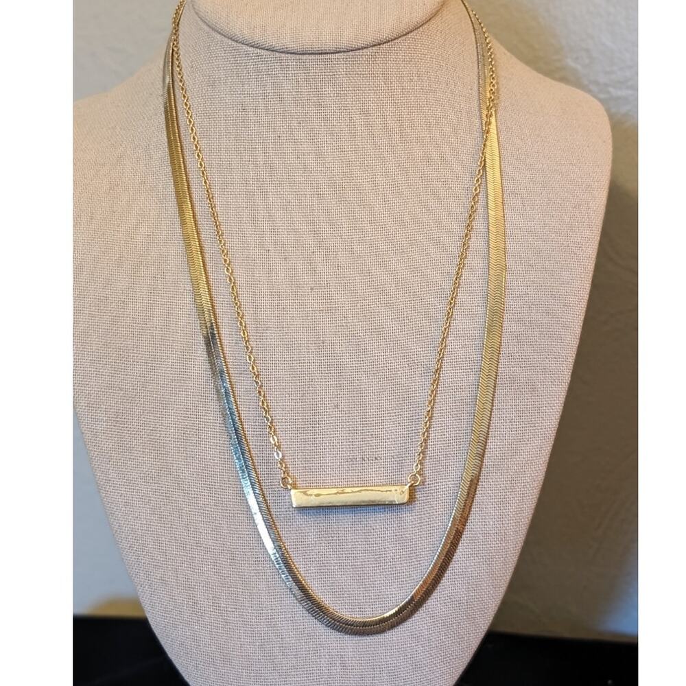 Gold Tone Double Layer Wide Herringbone & Druzy Bar Necklace